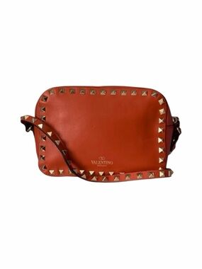 Valentino Garavani Rockstud Camera Crossbody Bag Orange Leather Gold Studs